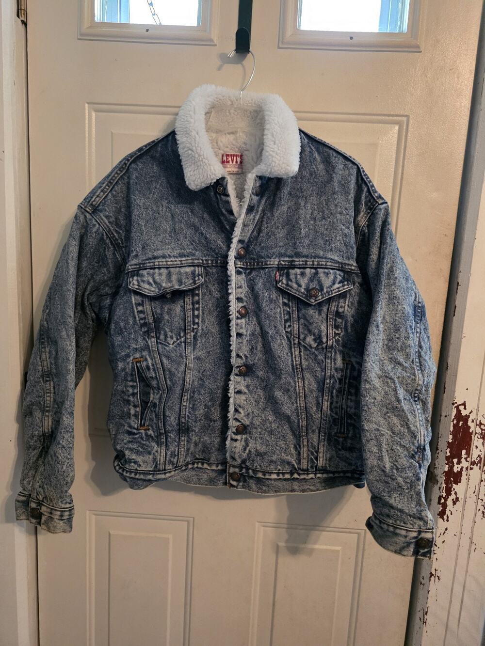 Vintage 1980's Grunge Levi's Acid Washed Men's L Denim Sherpa Jean Coat Jacket